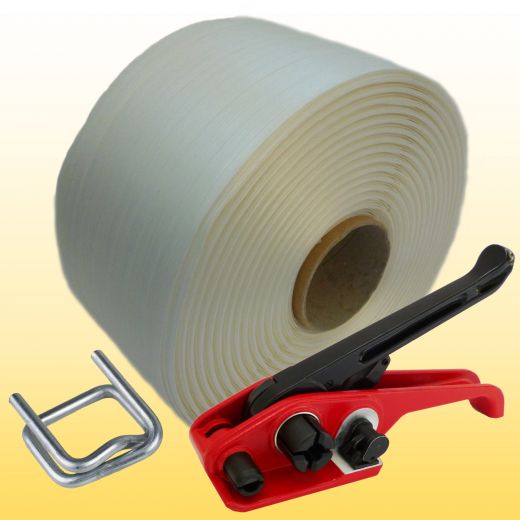 1 Rolle Textil Polyesterband 19 mm, 1 Bandspanner, 150 Klemmen